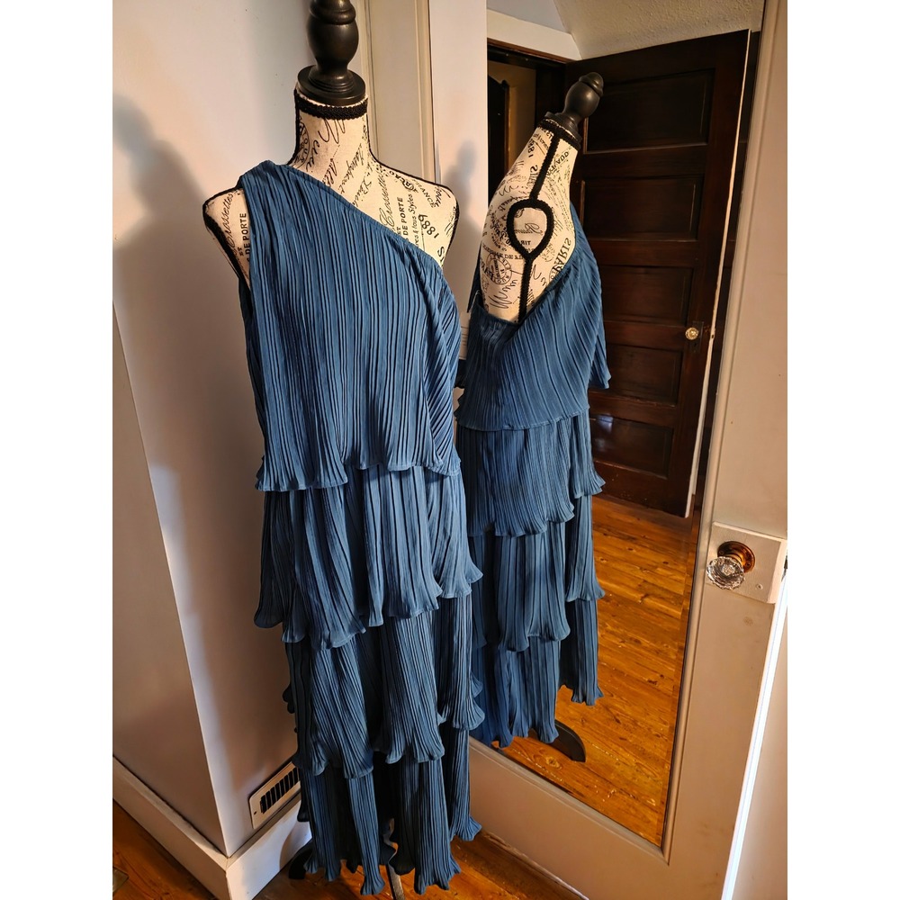 MEROKEETY‎ Teal Blue One Shoulder Pleated Tiered Ruffle Maxi Dress Womens XL NWT